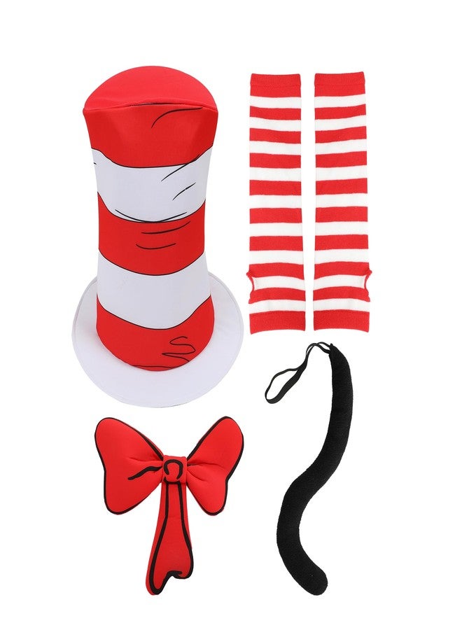 Wizland 5pcs Kid Cat Hat Kits for Read Book Day，Storybook Character Accessories with Gloves White Red Striped Hat, Bow Tie，Tail - Image 1